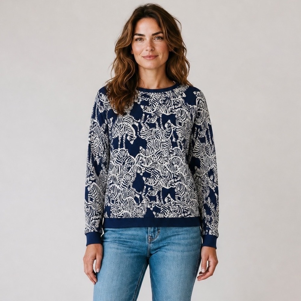 Lilly Pulitzer Etta Navy Blue Zebra Print Sweatshirt Womens S Cotton Blend Bold